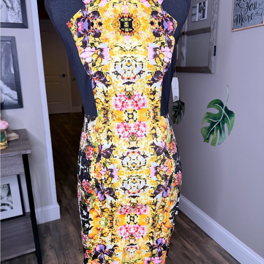 Donna Morgan Yellow and Pink Floral Midi Dress